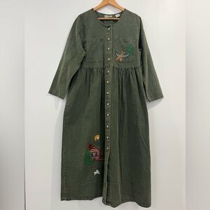 Sunbelt Vintage Long Sleeve Cotton Dress L Green Cabin Lake Nature